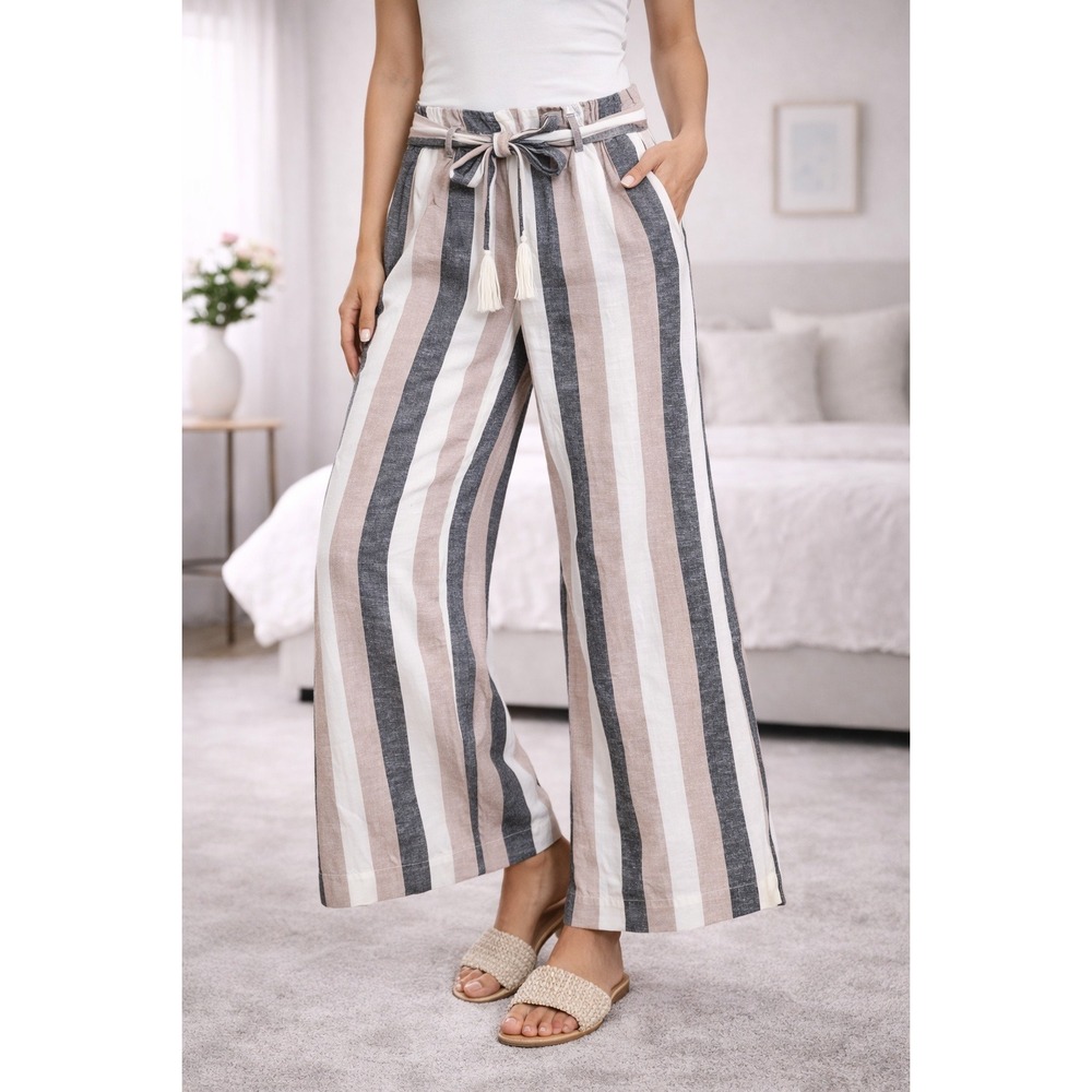 Venus Pants Wide Leg Striped Tassel Belt Boho Summer Neutral‎ Size 12